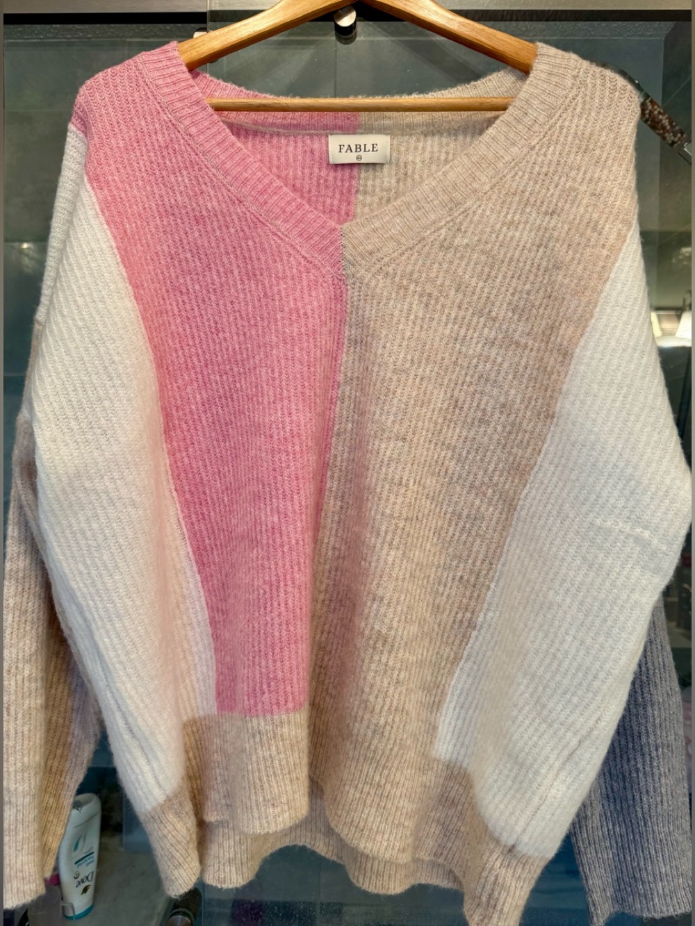Red dress boutique Colorblock V-Neck Sweater — Pink, grey, Cream & Tan